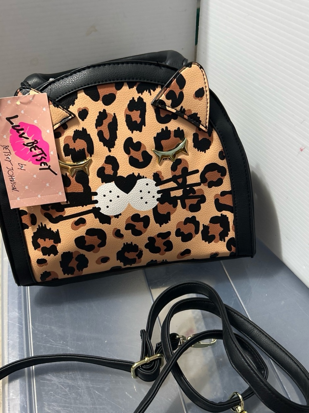 Betsey Johnson Leopard Cat Face Shoulder Bag - Black & Tan